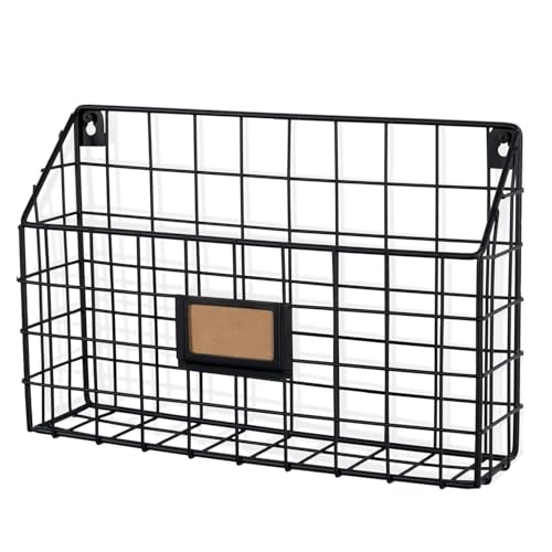 Wall35 Rivista File Holder Home Office Desk Organizer, Wall Mounted Wide Chicken Wire Mail Organizer and Magazine Holder, Metal, Black