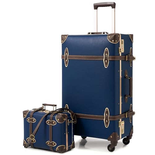 urecity Vintage Luggage Set, 2 Piece Retro Leather Suitcase for Women, Travel Luggage with Spinner Wheels and Beauty Case, Cute Designer Trunk Luggage (Navy Blue, 26"+12")