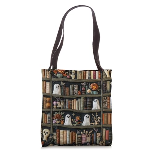 Cute Ghosts Embroidery Library Flowers Bookshelves Bookish Tote Bag