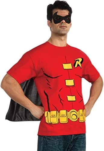 Rubies Men's DC Comics Robin Costume T-shirt With Cape and Mask for Themed Parties and Halloween, Red, Medium