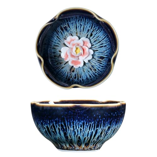 HOHCNA Tenmokus Tea Cup with Peony Flower, Jianzhan Ceramic Tea Cup, 3 oz Chinese Small Kungfu Tea Bowl for Tea Ceremony, Collection and Gifts (Petal)
