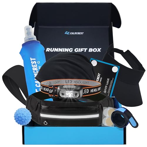 Running Gift Box for Men – 10 Premium Running Accessories, Including Running Belt, Waterproof Headlamp, Foldable Water Bottle, Running Beanie, Visor, Bib Clips, Headband & More – Cool Runner Gifts