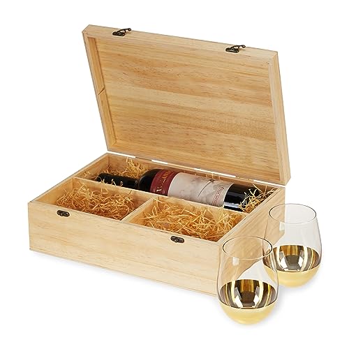 Twine Bottle Gift Box - Wood Box With Lid, 2 Stemless Glasses, and Packing Straw - Holds 1 Standard Bottle of Wine or Champagne