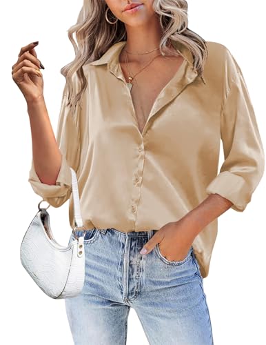 HOTOUCH Gold Blouses for Women Silk Long Sleeve Shirts Dressy Satin Button Down Tops Western Curved Hem Khaki XXL
