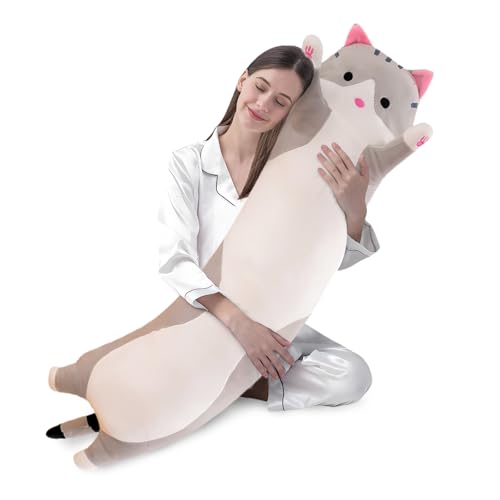 shangman Lovely Plush Cat Doll Cute Cartoon Soft Stuffed Kitten Pillow Long Throw Sleeping Pillow Doll Toy Gift for Kids Girlfriend Multiple Size (Grey,130cm/51.1in)