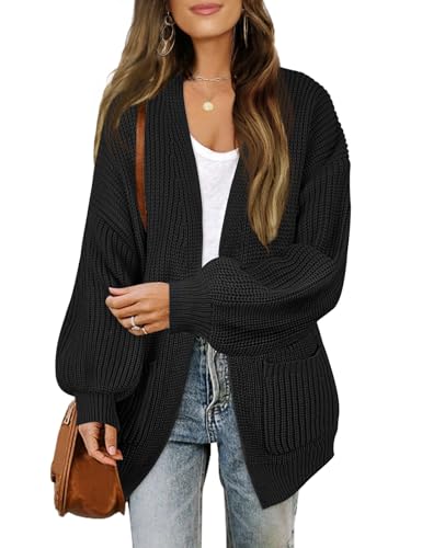 MEROKEETY Women's 2025 Open Front Chunky Cardigans Lantern Long Sleeve Oversized Knit Outwear with Pocket, Black, M
