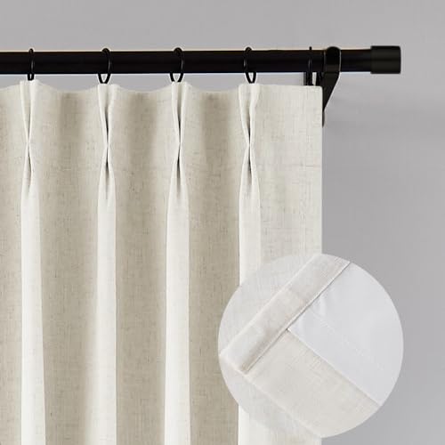 Hillcrest 120 Inches Extra Long Linen Blend Full Blackout Pinch Pleat Window Curtains for Living Room Bedroom Thermal Insulated Drapes Back Tab with Hooks 2 Panels Natural 40" W x 120" L