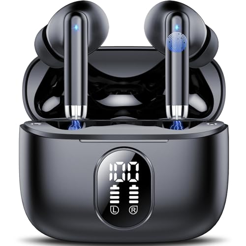 Wireless Earbuds, 2025 New Bluetooth 5.4 Headphones HiFi Stereo with 4 ENC Mic, 40H Mini Ear Buds In-Ear Noise Cancelling Earbuds with LED Screen, Ultra Light Bluetooth Earphones Black for Android iOS