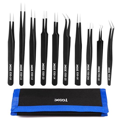 Precision Tweezers Set, XOOL 10 PCS ESD Tweezers Set, Anti-Static Stainless Steel Tweezers Kit, Multi-standard Stainless Steel Tweezers for Lab, Electronics, Jewelry and Detailed Work