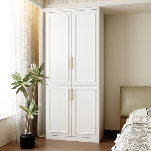FUFU&GAGA Wardrobe Closet with 4 Doors, Modern White Bedroom Armoire with Gold Handles, Modern Clothes Storage Cabinet with Shelves, Hanging Rods for Cloakroom, 31.7”W x 19.3”D x 74.8”H