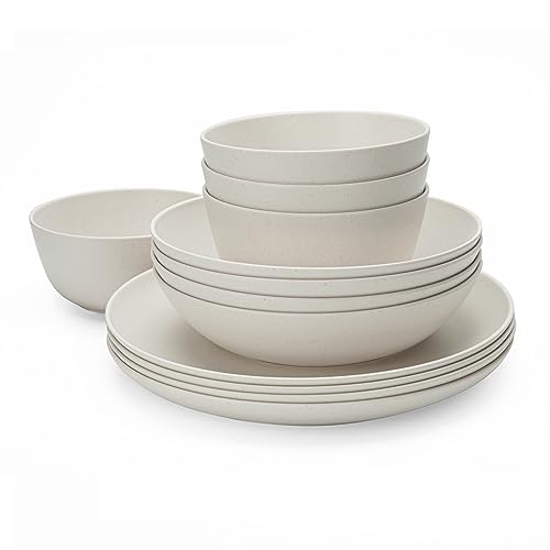 LEHAHA Bamboo White Kitchen Plates and Bowls Set, 12 Piece non-breakable Melamine Dinnerware Sets, Eco-Friendly Dishes Sets for 4, 12 Piece Reusable Tableware Set for outdoor dining, Patios, RVs, BBQ