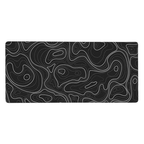 Large Gaming Mouse Pad Black Topographic Contour Mouse Pad with Stitched Edges & Nonslip Rubber Base Extended XXL Long Mousepad Big Desk Mat for Company Office Work, 35.4 x 15.7 in