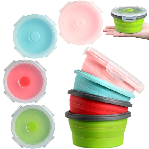 Suclain 4 Pcs Camping Bowl with Lid Collapsible Silicone Lunch Box Salad Bowl Expandable Food Storage Container Folding Travel Container for Hiking Camping(Red, Pink, Blue, Green,12 oz)