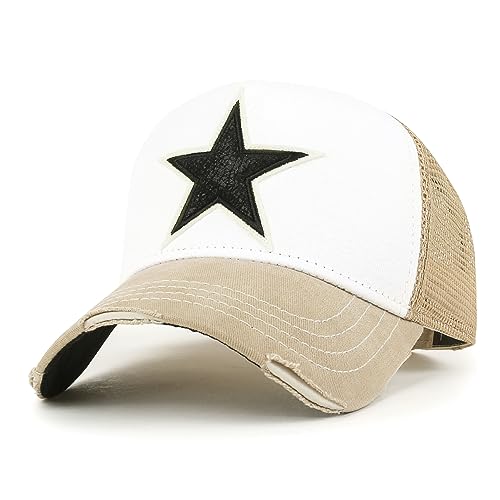 ililily Premium Star Embroidery Cotton Trucker Hat Distressed Baseball Cap (US, Alpha, Medium, Beige - Star Patch)