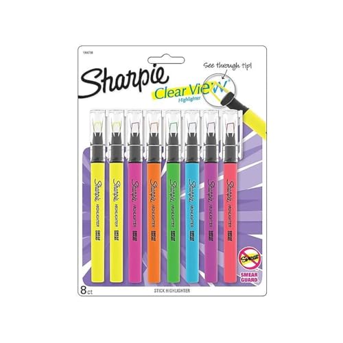Sharpie Clear View Highlighter Sticks, Chisel Tip, Assorted Fluorescent, 8 Count - School, Home, and Office Use, Teacher Supplies