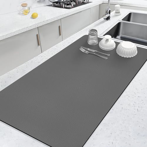 LOPNUR Kitchen Dish Drying Mat, 31.5"x17" Extra Large Dish Drying Mats for Kitchen Counter, Super Absorbent Dish Drying Pad, Diatomite Coffee Mat Heat Resistant Mat with Anti-slip Rubber Backed, Grey