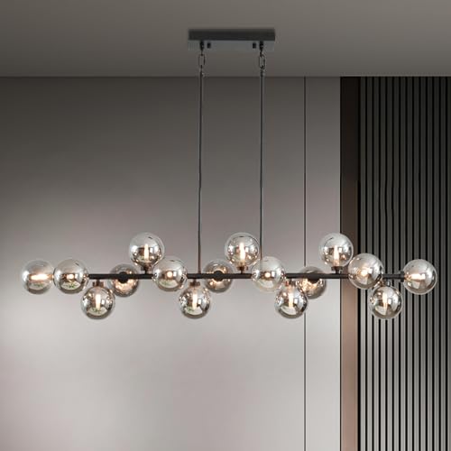 Besytal Black Chandeliers for Dining Room, 55" Mid Century Modern Chandelier with 16 Grey Glass Lampshades, Large Linear Sputnik Chandelier for Dining Room Kitchen Island - Black