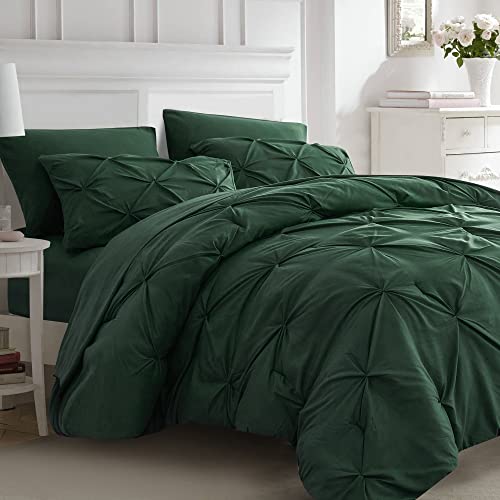 Ubauba 5pc Twin Size Comforter Set with Sheets, Dark Green 5 Piece Pintuck Bed in a Bag with Comforter, All Season Emerald Pinched Pleat Bedding Set (Green,Twin)