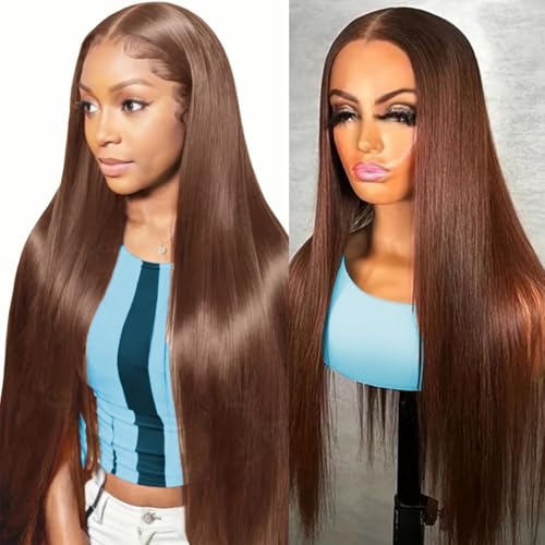 OOVVDA 30 Inch Chocolate Brown Lace Front Wigs Human Hair 13x6 Straight Lace Front Wigs Human Hair Pre Plucked 200% Density Colored #4 Brown Wig HD Lace Frontal Wigs For Women