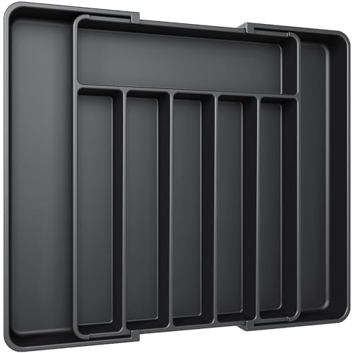 Aujen Expandable Kitchen Drawer Organizer - Multipurpose Black Cutlery and Utensil Organizer for Knives, Forks and More