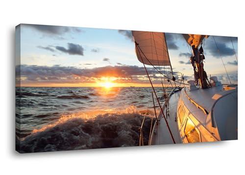 Yacht Sailing in Sea at Sunset Scenery Canvas Wall Art for Living Room Bathroom,Close-up View of Deck Mast Sails Picture Print Artwork Painting Decor,Epic Seascape Scenic Landscape,Inner Frame 24x48
