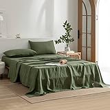 EVERLY Linen Queen Sheets Set, 100% Stonewashed French Linen Bed Sheets Deep Pocket Sheets, 4 Pieces (1 Flat Sheet, 1 Fitted Sheet, 2 Pillowcases) Natural Flax Bedding Set-Mossy Green