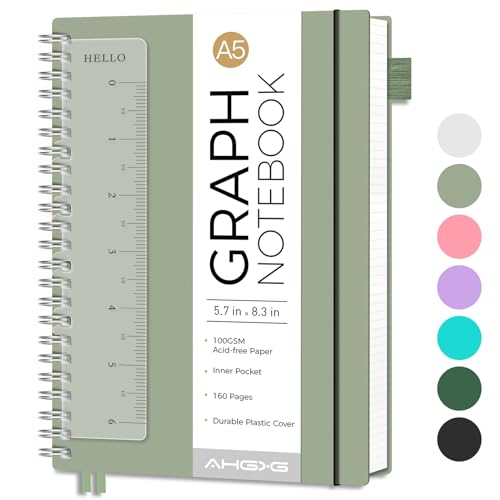 AHGXG Graph Paper Notebook - Spiral Notebook Journal 160 Pages, A5 Graph Notebook 5.7" x 8.3", 100 gsm Thick Grid Paper, Waterproof Plastic Cover, for School Writing Engineering Math, Sage Green