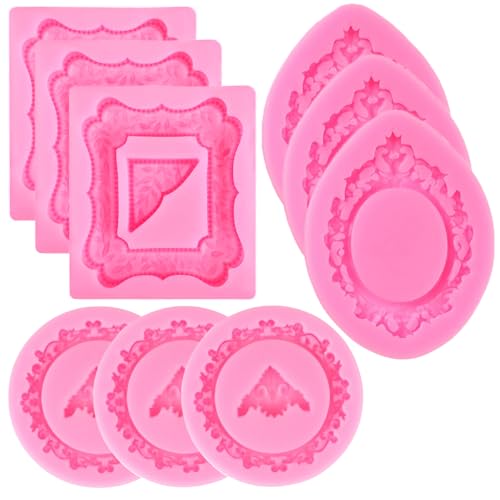 9 PCS Picture Frames Fondant Silicone Molds, TuNan Vintage Style Photo Frame Moulds for Cake Decorating Cupcake Topper Chocolate Candy Polymer Clay