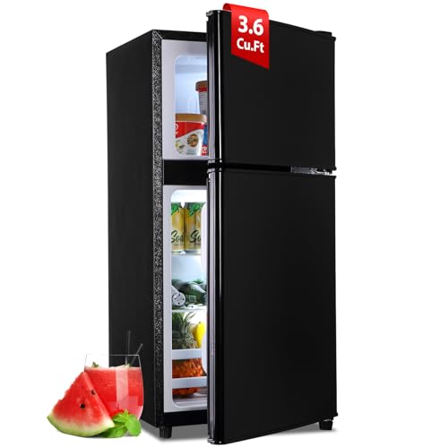 rosmena Small Refrigerator with Freezer, 3.6 Cu. Ft. Dorm Fridge with 7 Level Adjustable Thermostat, Compact Mini Fridge Freezer for Apartment, Kitchen, Office, Black