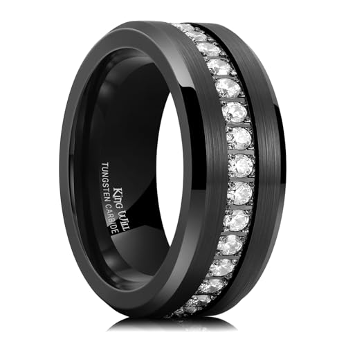 King Will Mens Black Tungsten Wedding Band with White Cubic Zircon Inlay 8mm Beveled Edge Rings Comfort Fit Engagement Anniversary Rings, size 10