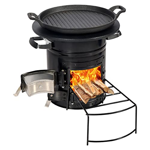 Lineslife Rocket Stove Wood Burning Portable and Grill Pan, Charcoal Camping Stove with Handle and Carry Bag for Outdoor Cooking, Backpacking, RV, Survival, Black 12.6" Stove Top with Two Doors