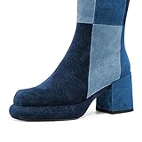 miss left Women Platform Knee High Boots Closed Round Toe Mid Chunky Heels Patchwork Winter Fall Boot Side Zip Dressy Daily Casual Party Walking Shoes Size 10.5 Denim Multi