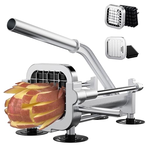 French Fry Cutter, Heavy Duty Potato Slicer, Stainless Steel Potato Chopper Set with 1/2 and 1/4 Inch Blades for Sweet Potato, Carrot, Yam, Cucumbers