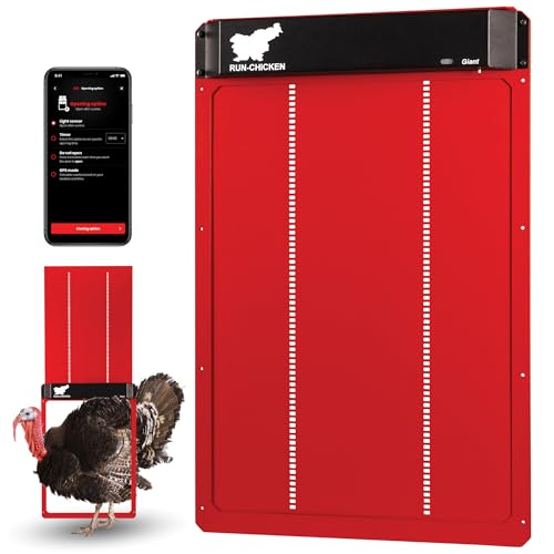 RUN-CHICKEN Door (Red) Giant for Large Poultry, Turkey Coop Door, Battery Powered, Large Size Automatic Coop Door, Full Aluminum Automatic Chicken Door with Timer and Light Sensor