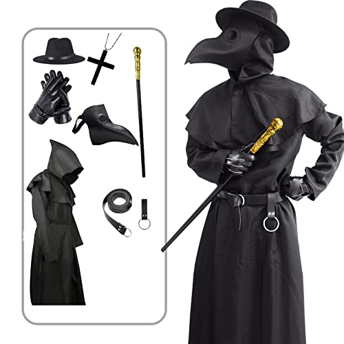 ATTBEA Halloween Costume Compatible for Plague Doctors with Bird Beak Mask, Black Cloak Robe with Hood, Medieval Monk Priest Cosplay for Men Women Adults
