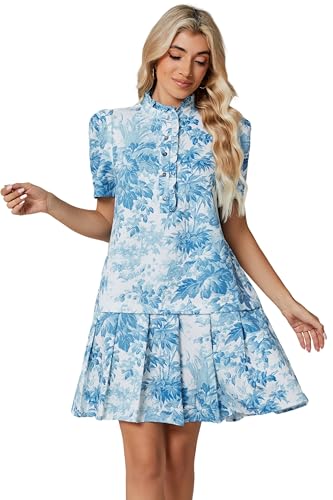 Women Floral Mini Dress Short Sleeve Stand Collar Button Up Elegant Work Swing Short Pleated Dress Blue