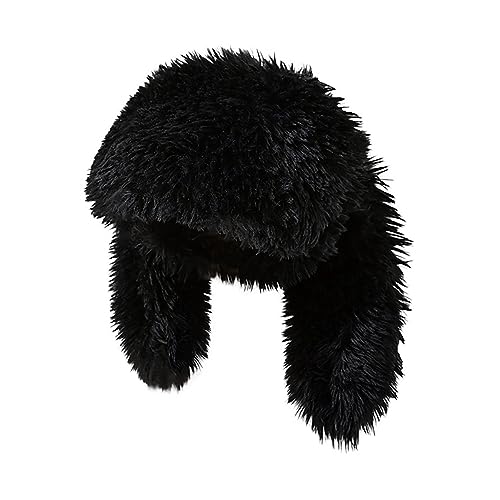 Furry Beanie Bunny Ears Hat Fluffy Warm Hat Plush Slouchy Beanies for Indoor and Outdoor (Black)