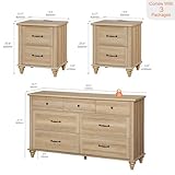 WAMPAT 3 Piece Bedroom Set - Includes 7 Drawer Dresser for Bedroom, Set of 2 Night Stands with Charging Station & Drawers, 3 Piece Dresser and Nightstand Sets, Oak