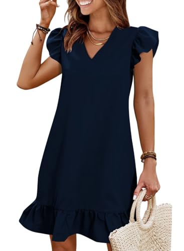 QACOHU Spring Summer Dresses for Women 2025 V Neck Cap Sleeve Ruffle Hem Smock Short Casual Outings Beach Dress Blue S
