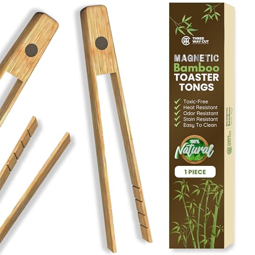 Toaster Tongs With Magnet | Kitchen Utensils For Cooking and Holding Toast Bacon Muffin Bagel Bread | 8 Inch Long Natural Non Toxic Bamboo