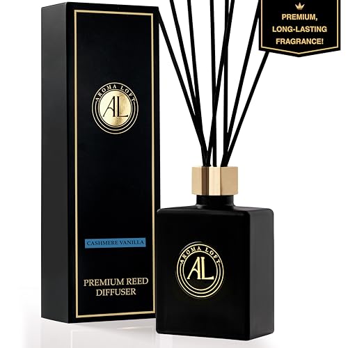 Aroma Loft Reed Diffuser -Reed Diffusers for Home- Scent Sticks- Home Fragrance Diffuser Set - Office Air Freshener-Modern Decor- Black Diffuser - Mens Bathroom Decor-Cashmere Vanilla