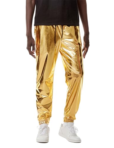 ZEROYAA Mens Metallic Shiny Jogger Sweatpants 70s Disco Hip Pop Party Rock Star Sparkle Trousers Gold Large