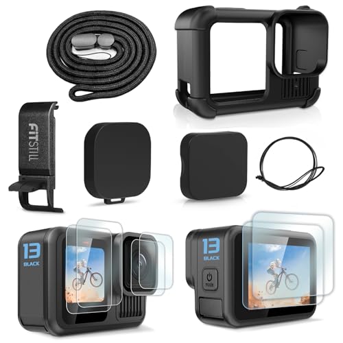 FiTSTILL Black Silicone Sleeve Rubber Protective Case for GoPro Hero 13 Black, Accessories Kit Includes Screen Protectors, Lens Caps, Lanyard & Battery Side Cover