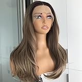 mytonecoo Pre Plucked Highlight Sandy Brown Straight Glueless Synthetic Lace Front Wig with Dark Roots Ready to Wear Honey Blonde Balayage Wig for Women Pre Layered Wig 20Inch