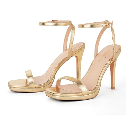 Women’s Stiletto Strappy Heeled Sandals, 4.3 Inch Square Open Toe Sexy High Heels Ankle Strap Buckle Heels for Party Wedding Dress Daily Wear Shoes Gold Size 7