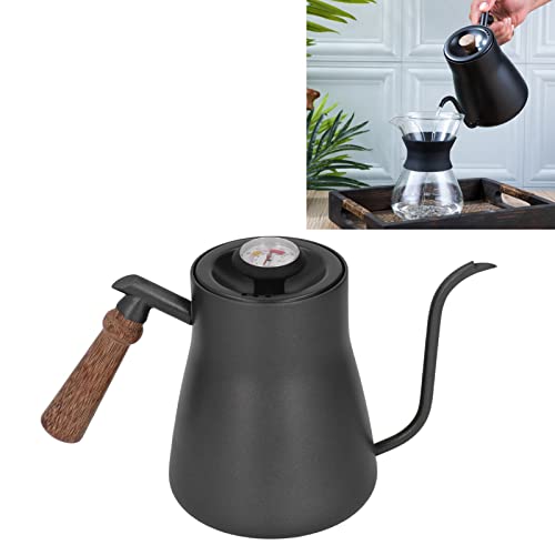Topyond Gooseneck Water Kettle with Thermometer,850ml Stainless Steel Pour Over Coffee Tea Kettle,Premium Food Grade Stainless Steel with Wood Handle,for Home Camping Kitchen Black