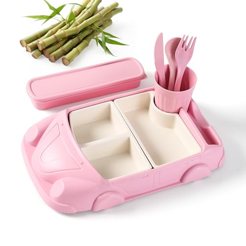 Kids garden Car Plate 8Pcs/Set Bamboo Children Dinnerware Sets - Dishwasher/Microwave Safe Includes Cutlery, Beautiful Plate, Separable Bowls & Cup Happy MealTime, Pink