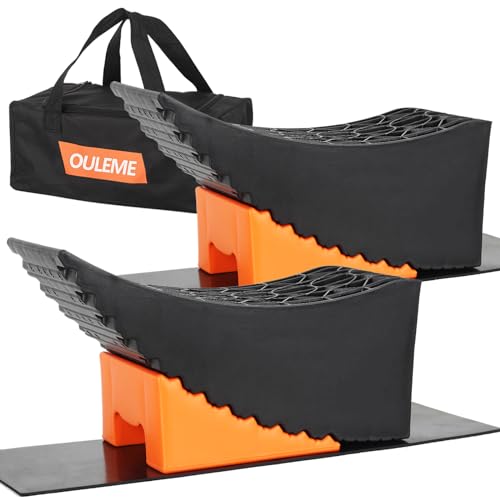 OULEME Curved Leveling Blocks, Raised Tire Change Ramp, for RV Camper Travel Trailer, Fits Dual Axle Tandem Wheel Aid Changing, Lift up to 6", Comes with Chock and Rubber Mat (2 Pack)