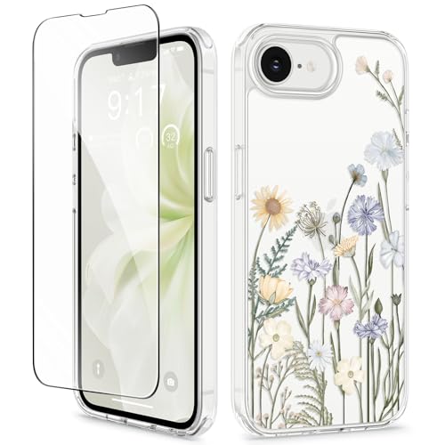 GVIEWIN for iPhone 16e Case with Screen Protector,[Non-Yellowing][Military-Grade Protection] Hard PC&TPU Bumper,Floral Shockproof Protective Clear Phone Case for iPhone 16E 2025(Vibrant Spring)