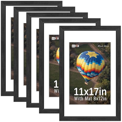 VCK 11x17 Black Poster Frame 5 Pack, Wood Picture Frame Tempered Glass, Matted to 8x12 or 11x17 without Mat, Wall Mount for Graduation Wall Decor Home Gallery Display